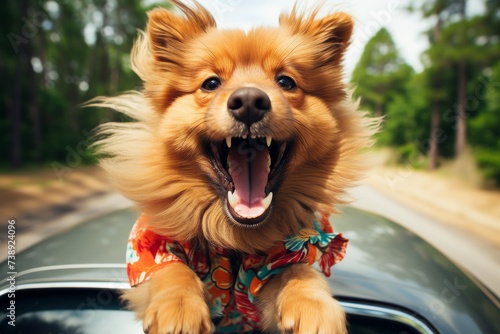 Happy golden retriever sticking its head out of a car window, enjoying the wind. The perfect adventure companion, spreading joy with its infectious happiness. © Dipsky