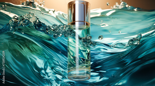 Mens perfume bottle displayed against a blue water background with captivating splashes, evoking a sense of freshness and masculinity.