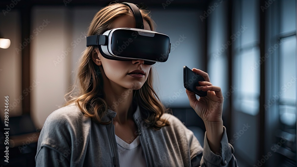 person with VR glasses, portrait of a person with VR glass, person playing game with VR glass, person doing work with VR glass - obrazy, fototapety, plakaty 