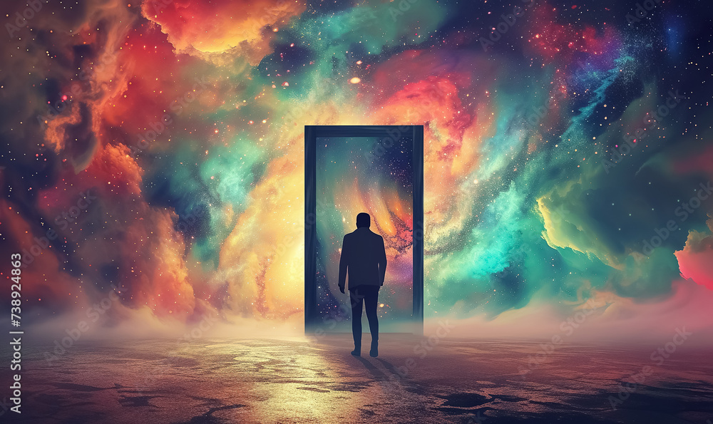 man walking into fantastic world through open door, new beginnings and new life, gate to heaven, afterlife and paradise concept