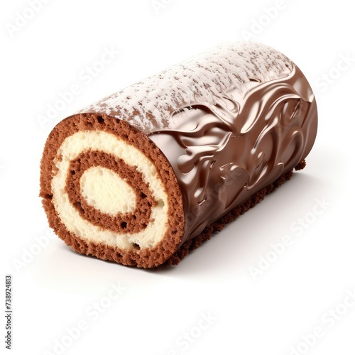 Chocolate Swiss Roll, Round Sponge Cake Isolated, Sliced Rolled Vanilla Biscuit with Cocoa Cream Filling