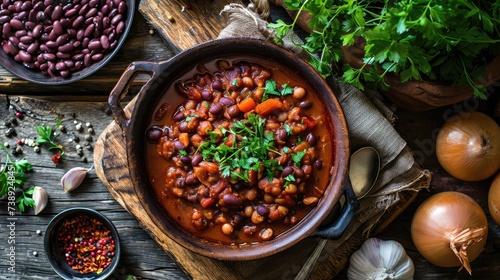Georgian Lobio, Cooked Beans, Red Beans with Meat and Spices, Lobio in Ceramic Pot on Rustic Background