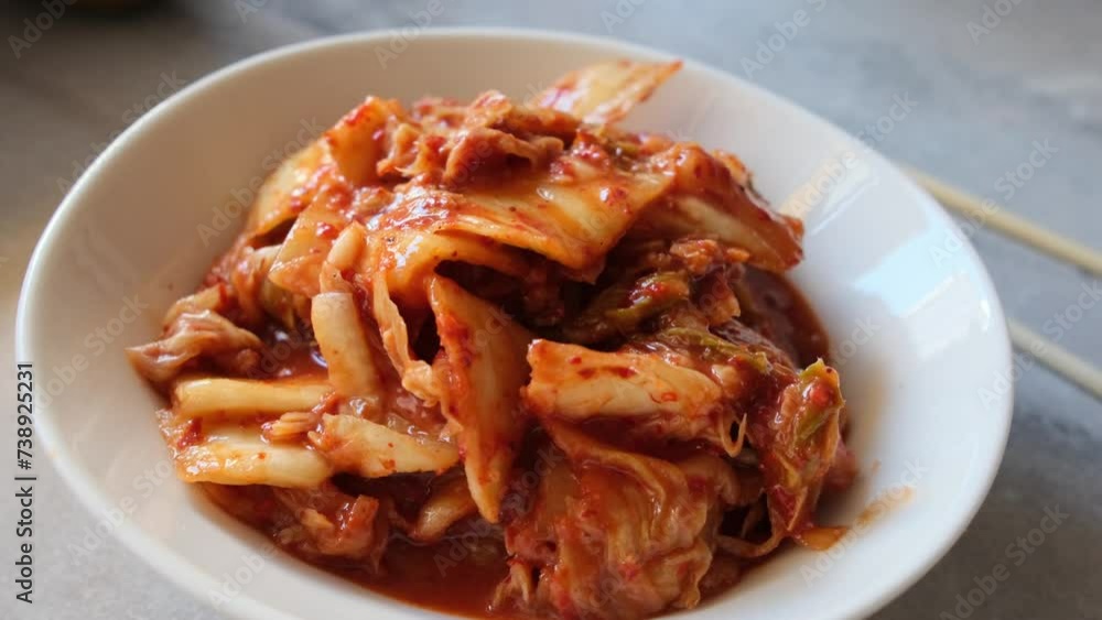 kimchi in fresh white bowl close-up on gray background kimchi in fresh white bowl close-up on gray background