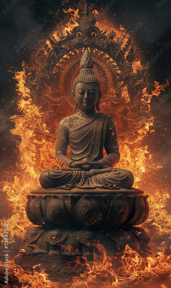 golden buddha statue in fire, buddhism religion concept, portrait of buddha in flame golden buddha statue in fire, buddhism religion concept, portrait of buddha in flame