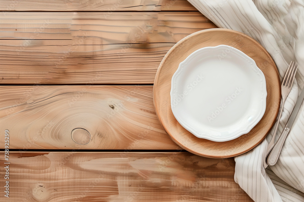 Eco-friendly table setting design. White plate and linen napkin on a light wooden table. dishes made from environmentally friendly materials. Eco-friendly table setting design. White plate and linen napkin on a light wooden table. dishes made from environmentally friendly materials.