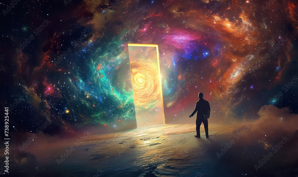 man walking into door, new beginnings and new life, gate to heaven, opportunity and motivation concept man walking into door, new beginnings and new life, gate to heaven, opportunity and motivation concept