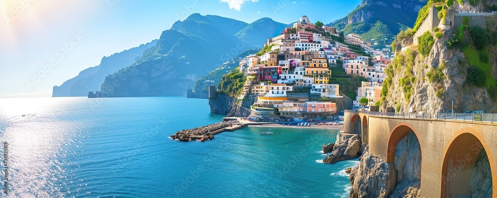 view of the amalfi coast of italy during a sunny day - obrazy, fototapety, plakaty 