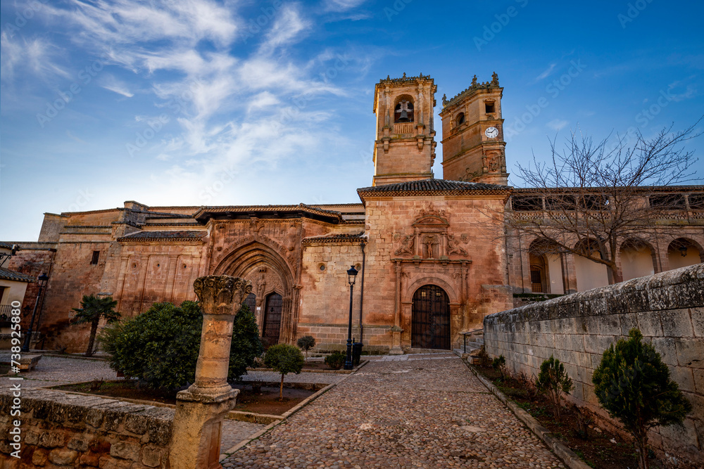 View of Church of the Santisima Trinidad of Alcaraz, Albacete, Castilla la Mancha, Spain, with the Tardon tower in the background