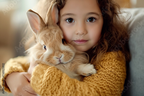 cute little girl holds and hugs fluffy rabbit in arms at home. domestic animals. Easter bunny