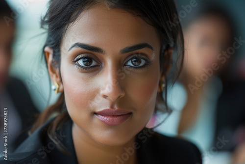close-up shot of an Indian business woman's face as she confidently delivers a presentation in a boardroom setting, commanding attention with her poise and charisma, minimalistic s