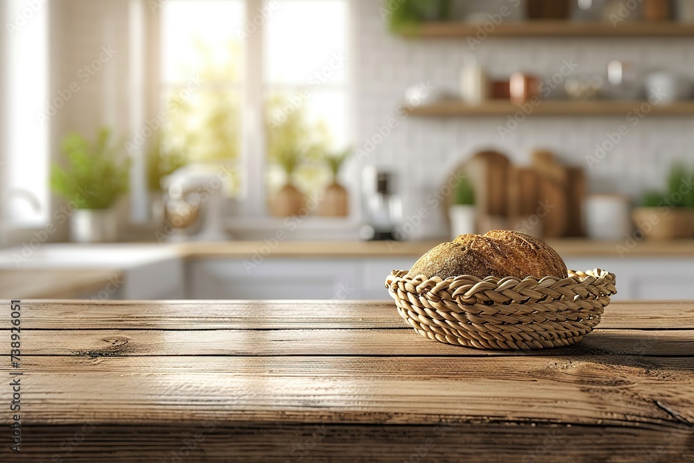 Luxury wooden kitchen tabletop with bread basket, empty space for montage on blurred modern kitchen background.