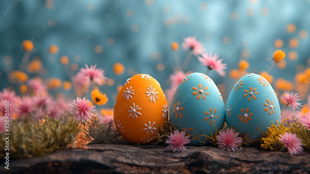 Easter greeting card with painted Easter eggs on wood with flowers on blurred background. free space Easter greeting card with painted Easter eggs on wood with flowers on blurred background. free space