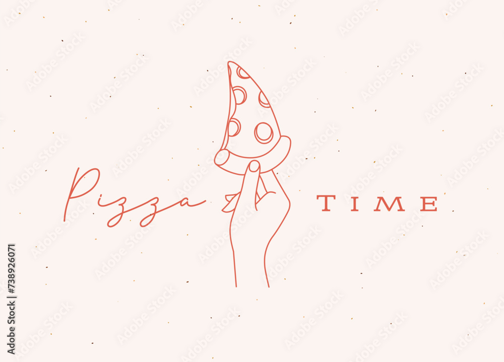 Hand holding slice of pizza with lettering drawing in linear style on beige background