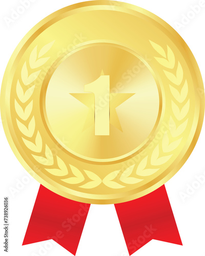 Realistic Gold Medal with red ribbon Vector, 1st Golden Award, 1st Prize, Golden Challenge Award red ribbon, Medal Award winner, First place trophy, Golden Coin winner