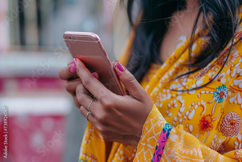 detailed shot of an Indian business woman's hand scrolling through emails on her smartphone, efficiently managing her inbox while on the go, minimalistic style, photo