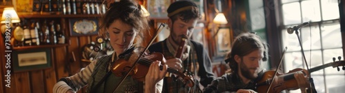 Traditional Music Ensemble - A focused group of musicians playing string instruments in a rustic pub setting, evoking a sense of culture and acoustic harmony.