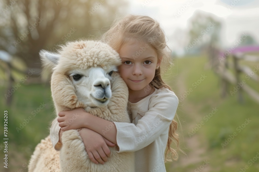Joyful girl holding a fluffy alpaca with a big smile.
Joyful girl holding a fluffy alpaca with a big smile.