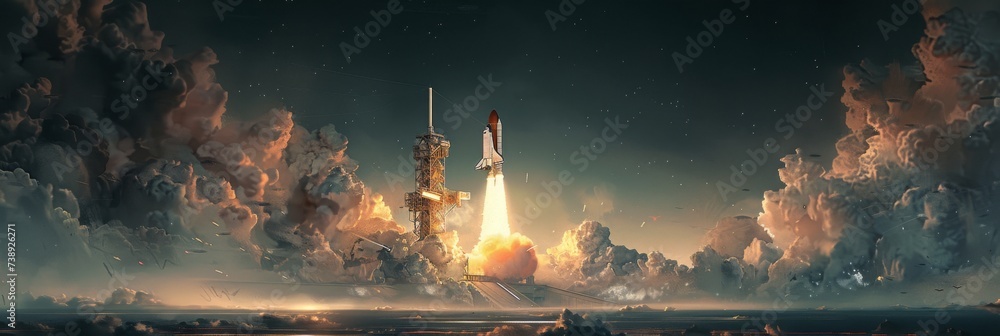 Spaceship launch, capturing the power and ambition of human space exploration against a dynamic and detailed backdrop. - obrazy, fototapety, plakaty 