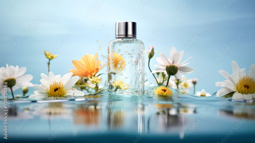 A transparent bottle of unisex perfume submerged in water, adorned with splashes and ripples, presenting an artistic and refreshing image. - obrazy, fototapety, plakaty 