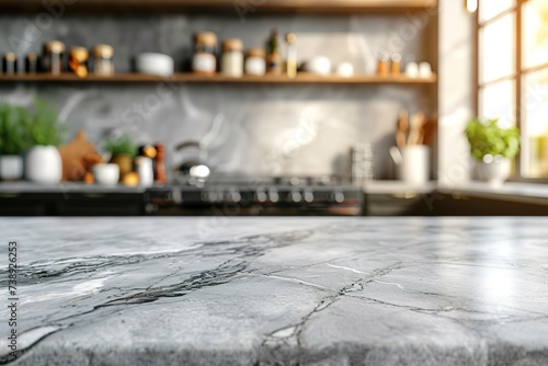 Marble stone table top  kitchen island  on blur kitchen interior background