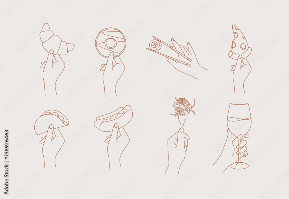Hand holding food croissant, doughnut, sushi, pizza, taco, hot dog, spaghetti, wine drawing in linear style on light background
