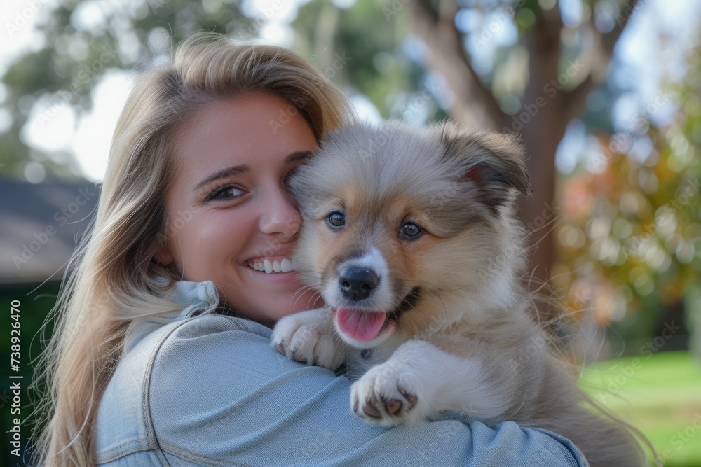 Happy woman enjoying a sunny day with her playful puppy in the park
Happy woman enjoying a sunny day with her playful puppy in the park