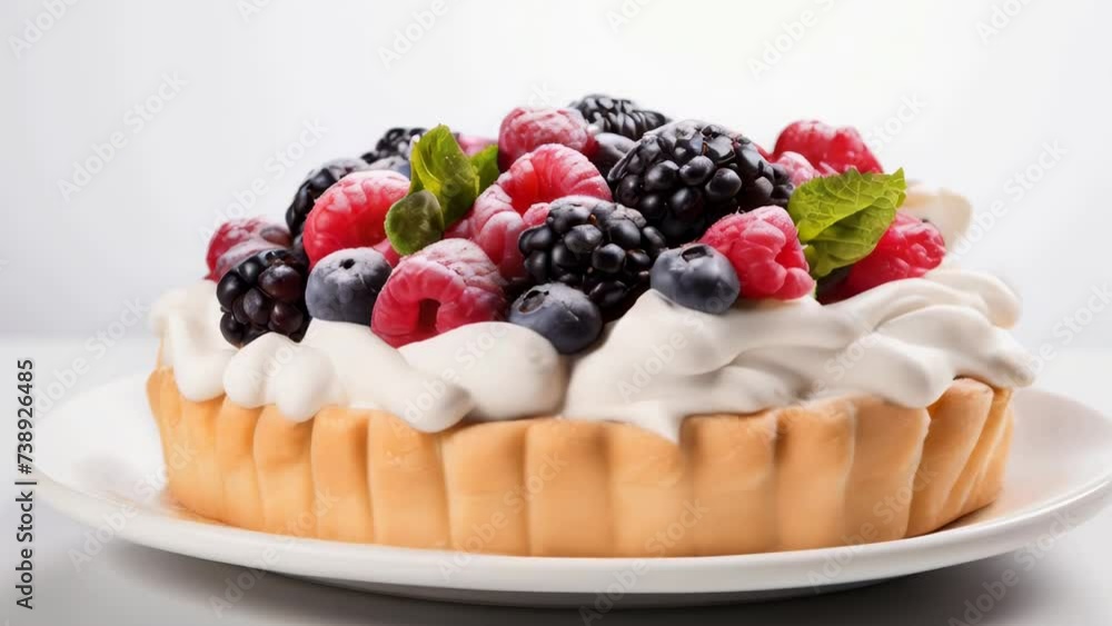 Fresh fruit pastry on white plate, perfect for food blogs or bakery advertisements Fresh fruit pastry on white plate, perfect for food blogs or bakery advertisements