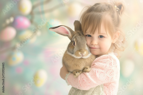 cute little girl holds and hugs fluffy rabbit in arms on Easter decor background. Easter bunny
