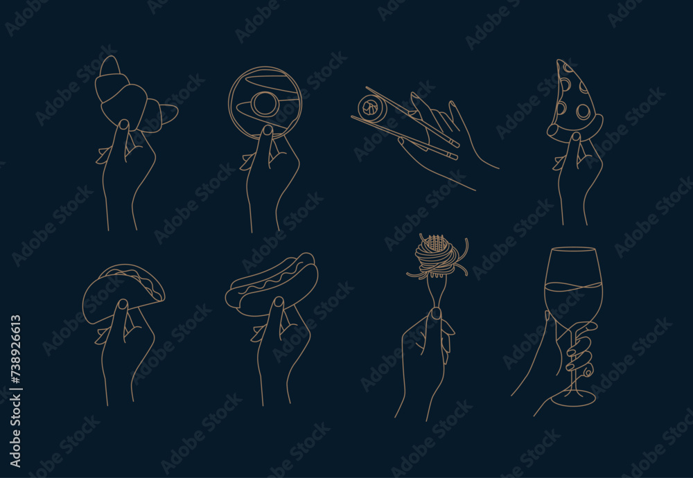 Hand holding food croissant, doughnut, sushi, pizza, taco, hot dog, spaghetti, wine drawing in linear style on dark background