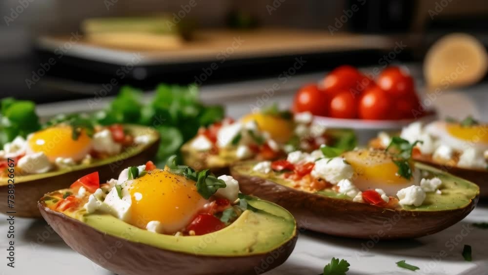 Fresh and healthy avocado boats filled with eggs, tomatoes, and feta cheese Fresh and healthy avocado boats filled with eggs, tomatoes, and feta cheese