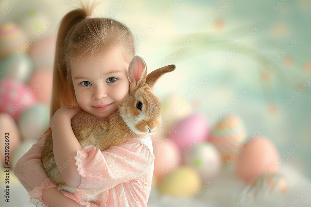 cute little girl holds and hugs fluffy rabbit in arms on Easter decor background. Easter bunny cute little girl holds and hugs fluffy rabbit in arms on Easter decor background. Easter bunny