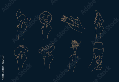 Obraz na płótnie Hand holding food croissant, doughnut, sushi, pizza, taco, hot dog, spaghetti, wine drawing in linear style on dark background w salonie