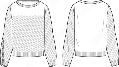 Women's Pointelle Jumper. Technical fashion illustration. Front and back, white colour. Women's CAD mock-up.