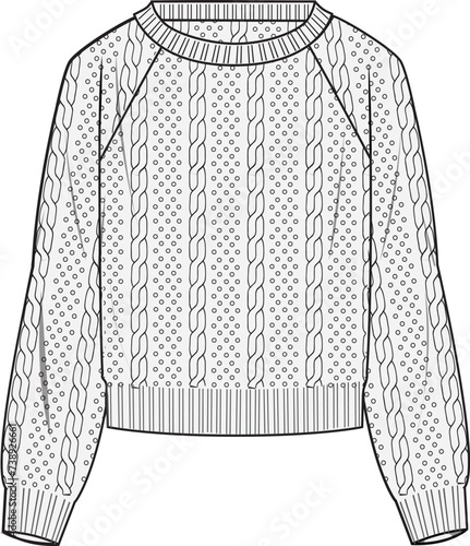 Women's Cable Jumper- Technical fashion illustration. Front, white colour. Women's CAD mock-up.