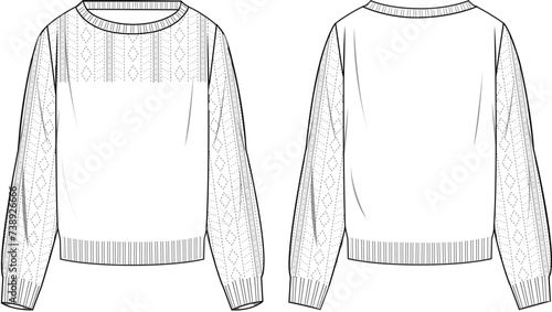Women's Pointelle Jumper. Technical fashion illustration. Front and back, white colour. Women's CAD mock-up.