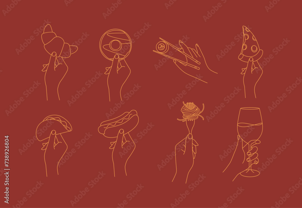 Hand holding food croissant, doughnut, sushi, pizza, taco, hot dog, spaghetti, wine drawing in linear style on red background