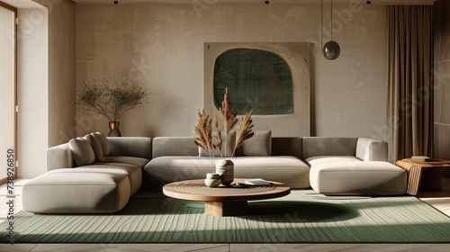 Spacious living room featuring a modular taupe sofa arranged around a low coffee table adorned with a woven green rug, warm beige walls showcasing abstract art.