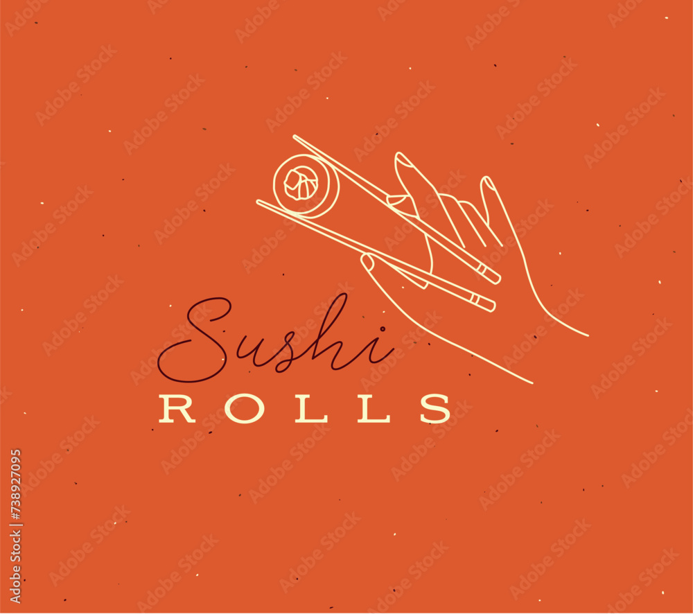 Hand holding chopsticks with sushi lettering drawing in linear style on orange background