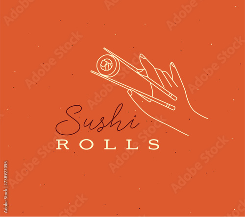 Obraz na płótnie Hand holding chopsticks with sushi lettering drawing in linear style on orange background w salonie