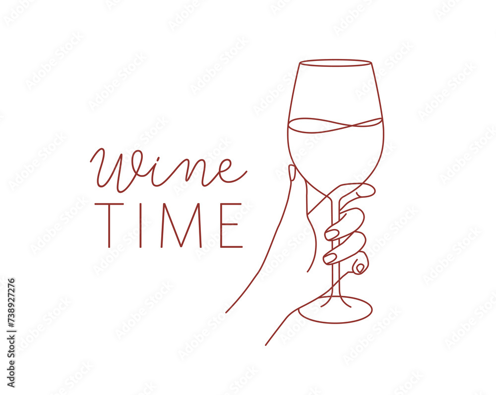 Hand holding glass of wine with lettering drawing in linear style on light background