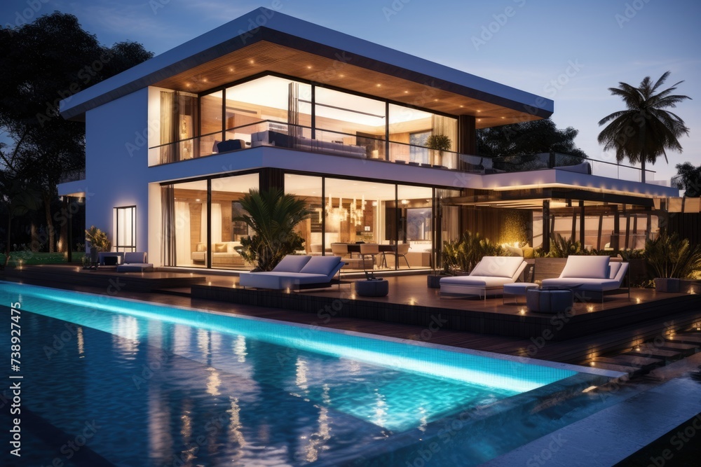 Obraz premium Luxury Modern Villa with Swimming Pool and Garden. Perfect Home for Relaxation and Comfort