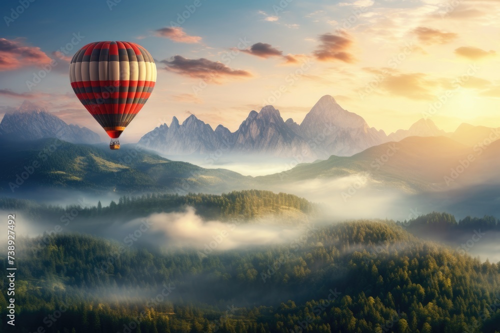 Inspiring and Dreamy Landscape with Hot Air Balloon Flying Over Mountains: A Beautiful Travel