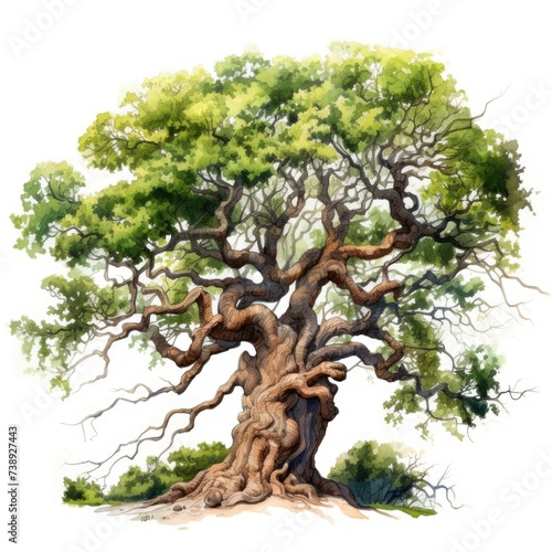 Gnarled Old Oak Tree in Watercolor Painting Style - Beautiful Artwork with Detailed Branches