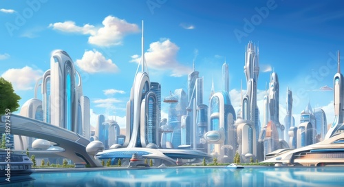 Futuristic City 3D Scene with Skyscrapers and Flying Vehicles. Creative Concept Illustration