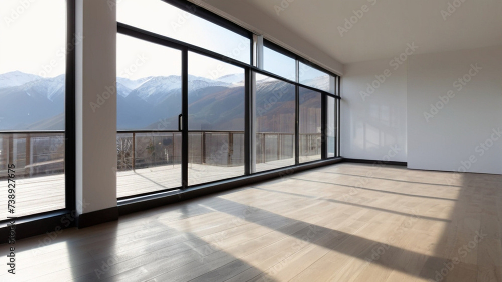 Empty new apartment with windows, hardwood, lots of natural lights and view of mountains Empty new apartment with windows, hardwood, lots of natural lights and view of mountains