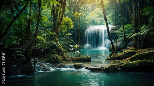 Jungle Rain Forest Scenic Landscape. Beautiful Nature at Erawan Waterfall in Siam's Deep Tropical © Serhii