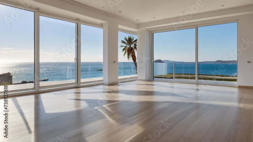 Empty new apartment with windows  hardwood  lots of natural lights and seaview