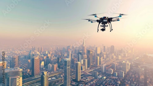 Aerial Drone Perspective of Sunrise Cityscape - High-Tech Urban Drone Technology