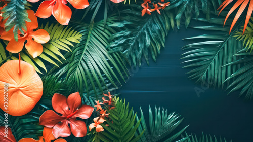 Abstract tropical background adorned with lush palm, monstera, and citrus leaves, evoking a vibrant and exotic atmosphere in graphic designs.