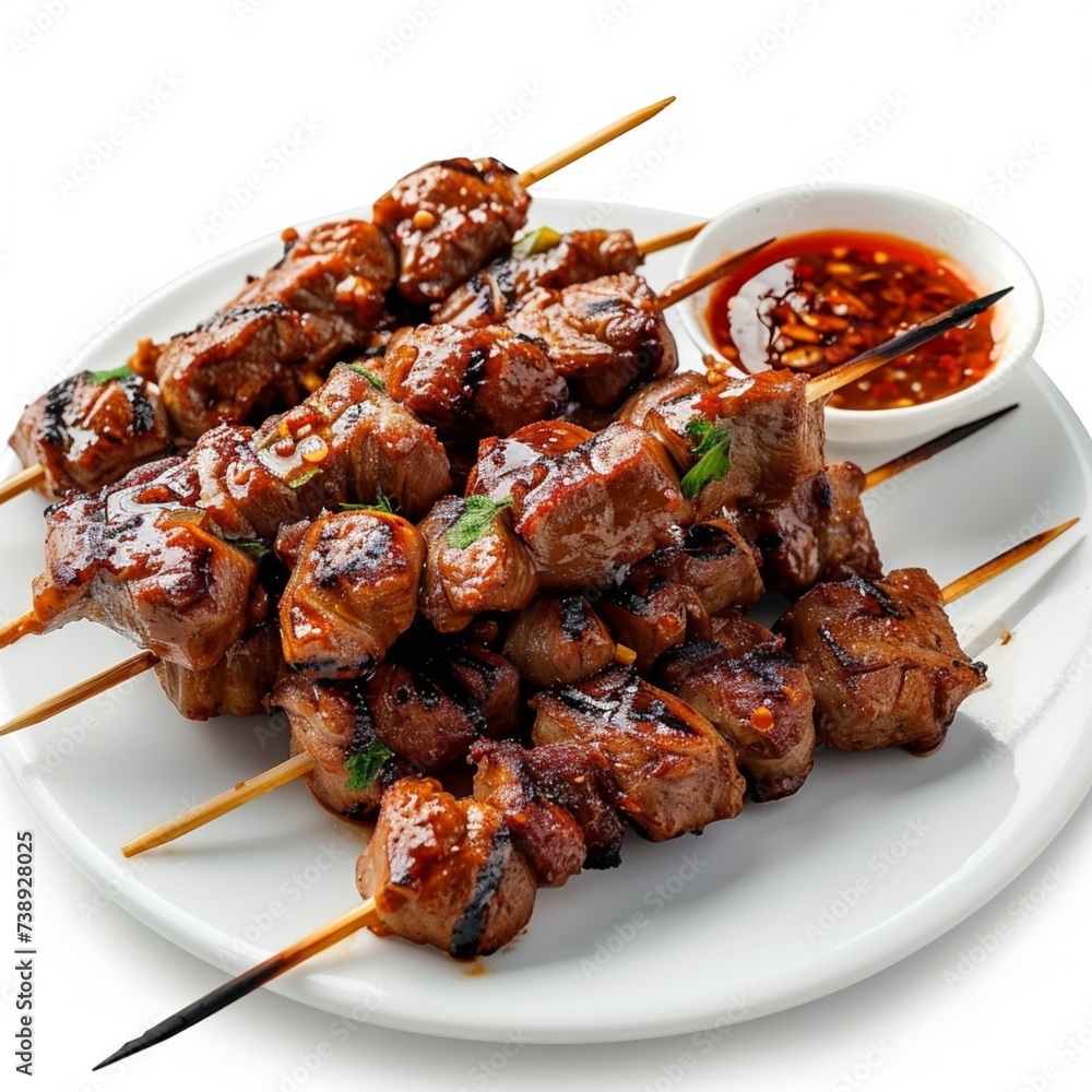 Thai pork skewers with sauce in white plate isolated on white background.